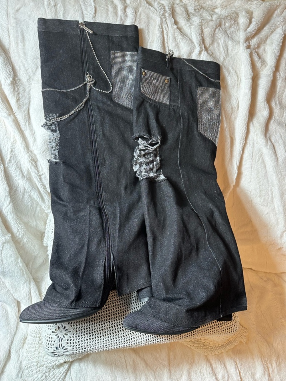 Cape Robbin Black Distressed Knee-High Boots with Rhinestone Accents size 10